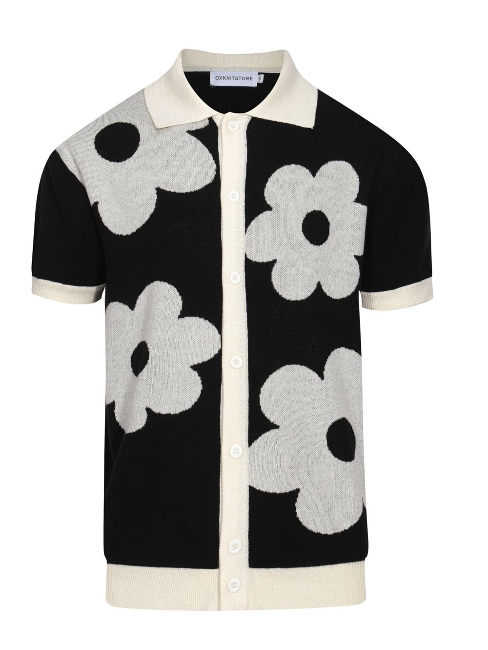 Oxknit Cotton Black & Cream Floral Knit Polo cardigan Shirt
